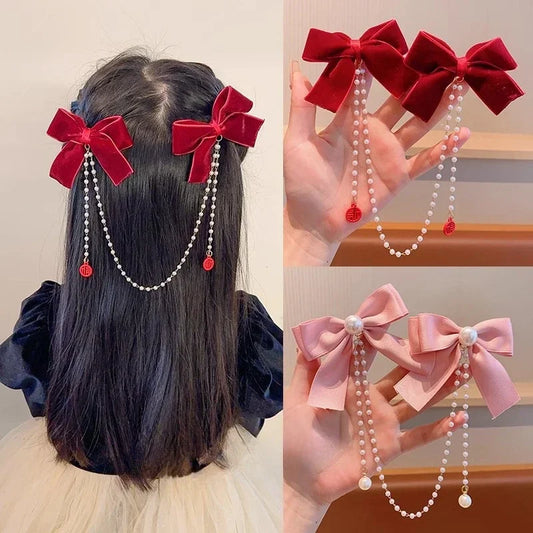 Velvet Pearl Bow Hair Clips - Dbuay™️